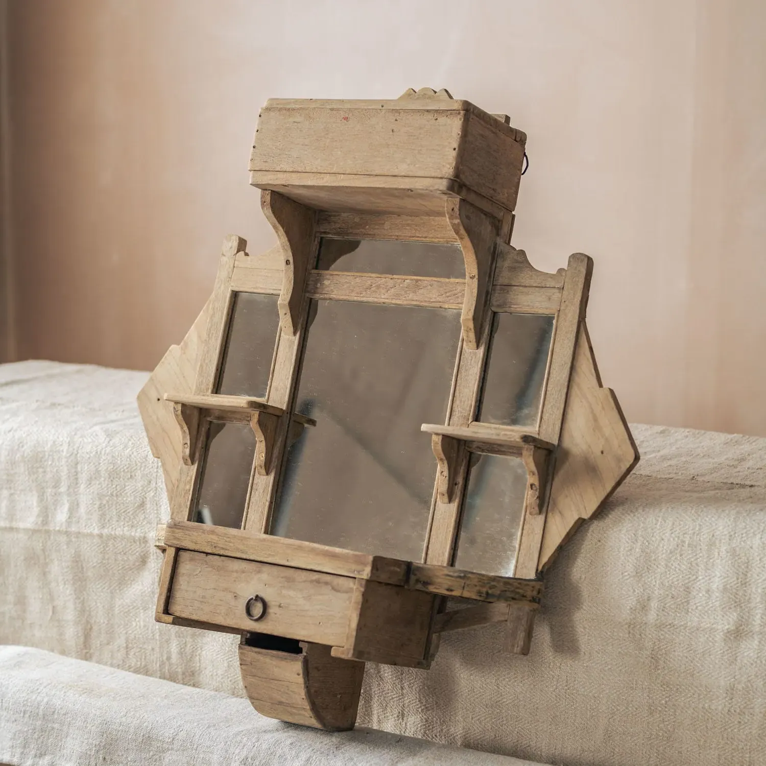 Vintage Wooden Wall Mirror with Shelves - Natural, Teak image