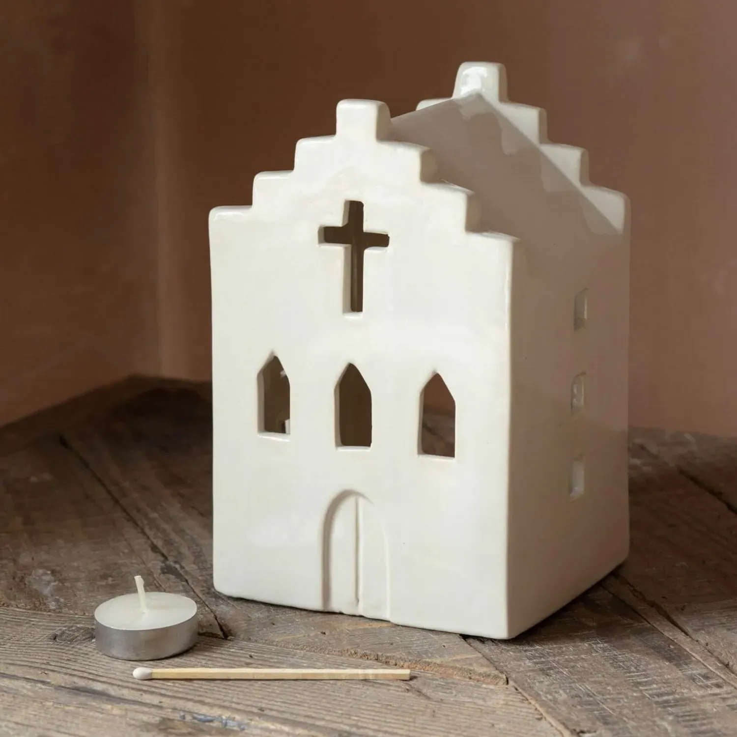 White Church Tealight Holder - White, Stoneware