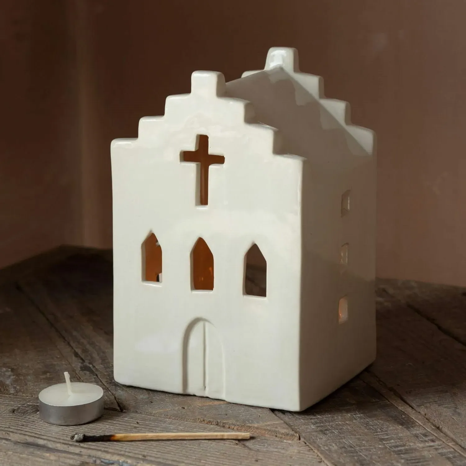 White Church Tealight Holder - White, Stoneware