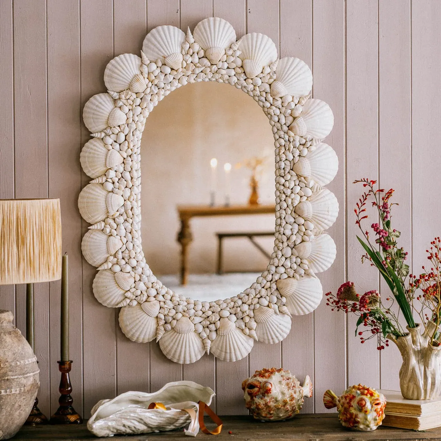 White Oval Shell Wall Mirror