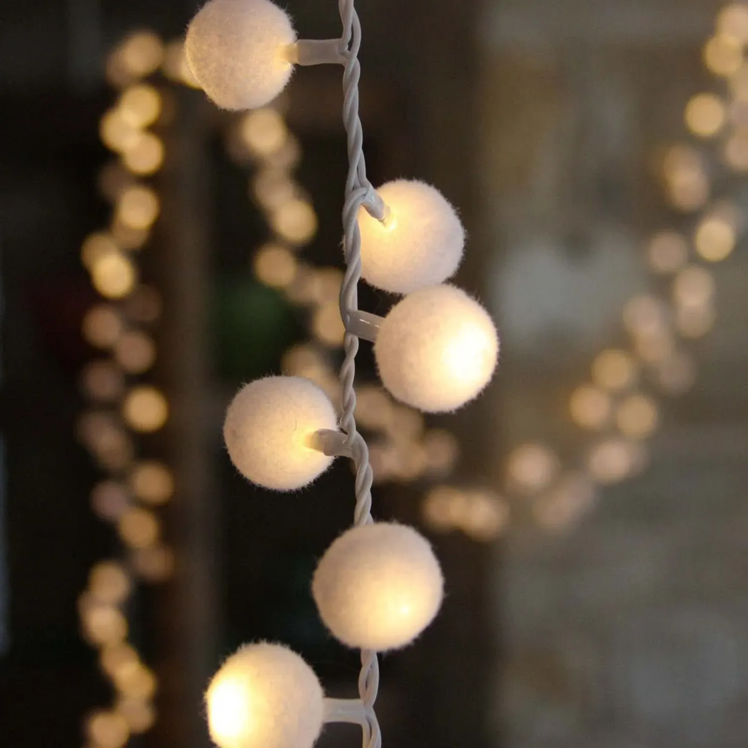 White Pom Pom Garland with LED Lights - White