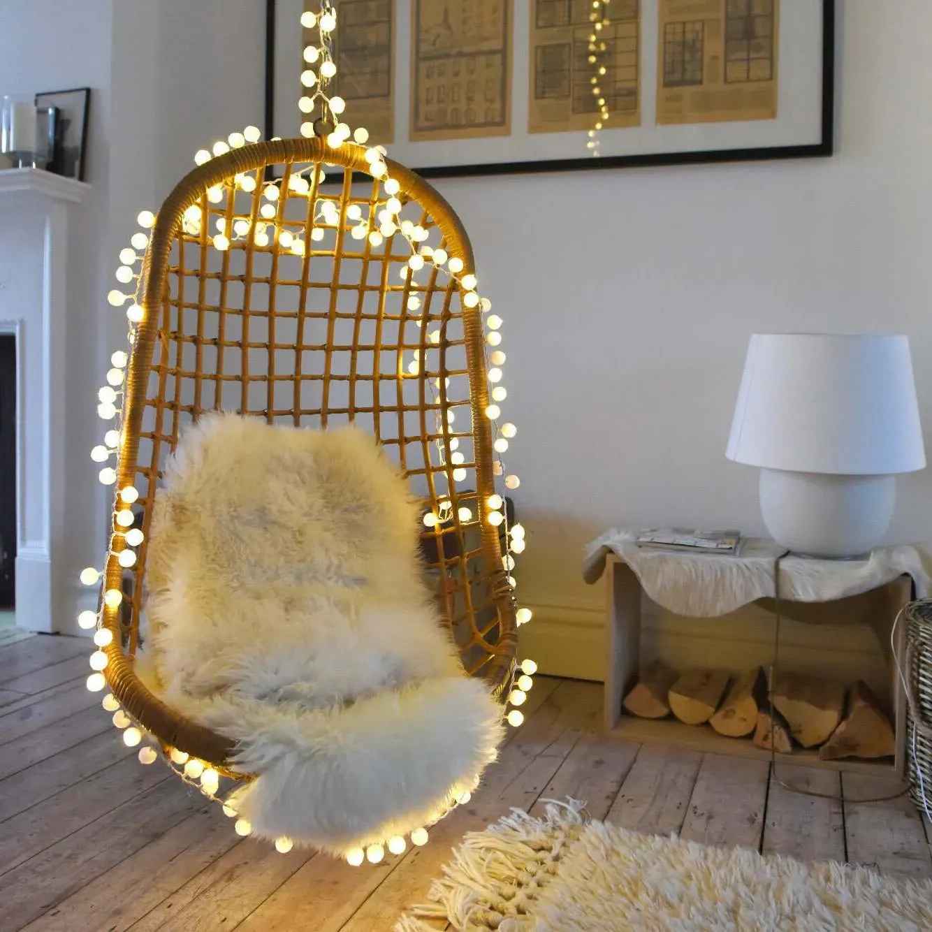 White Pom Pom Garland with LED Lights - White