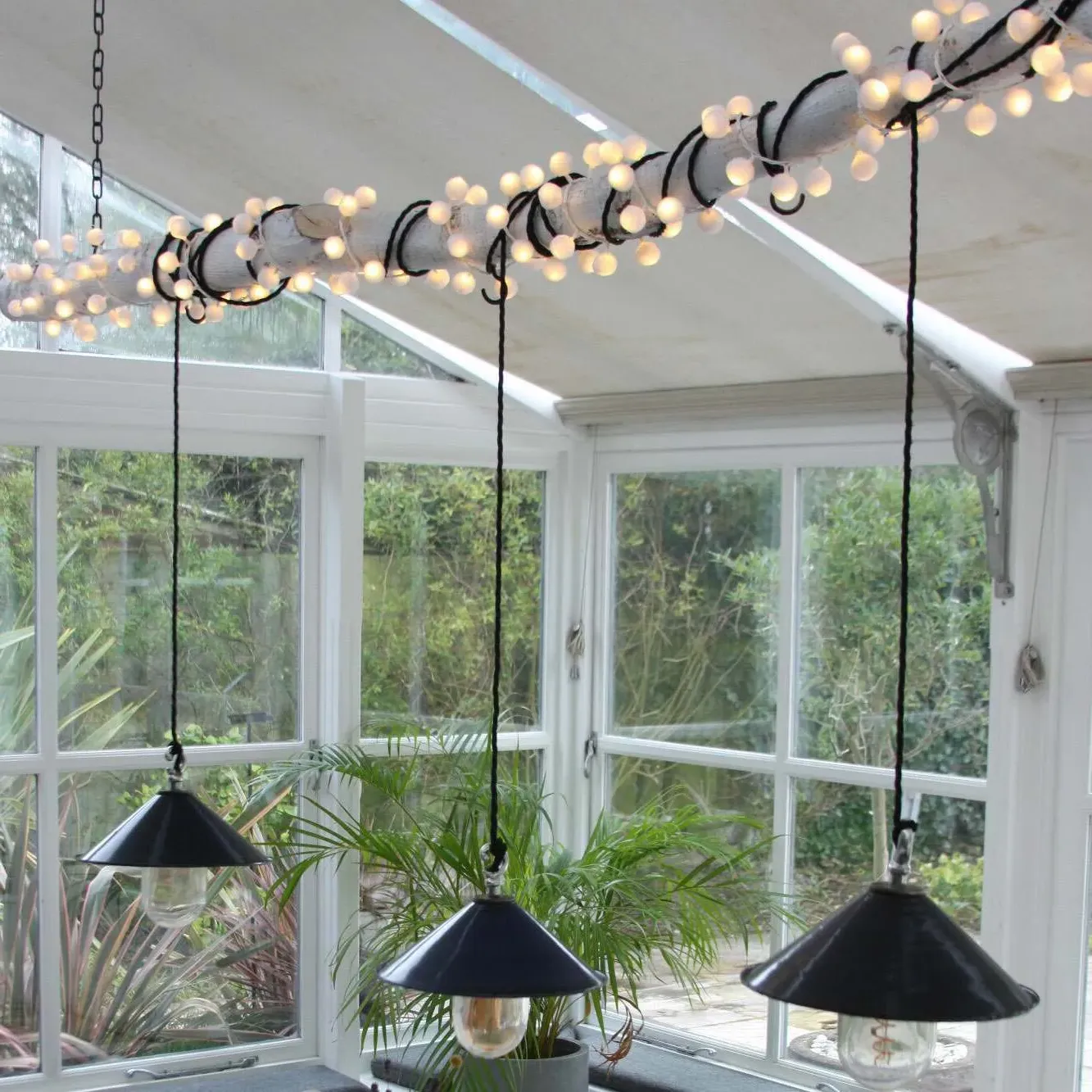 White Pom Pom Garland with LED Lights - White