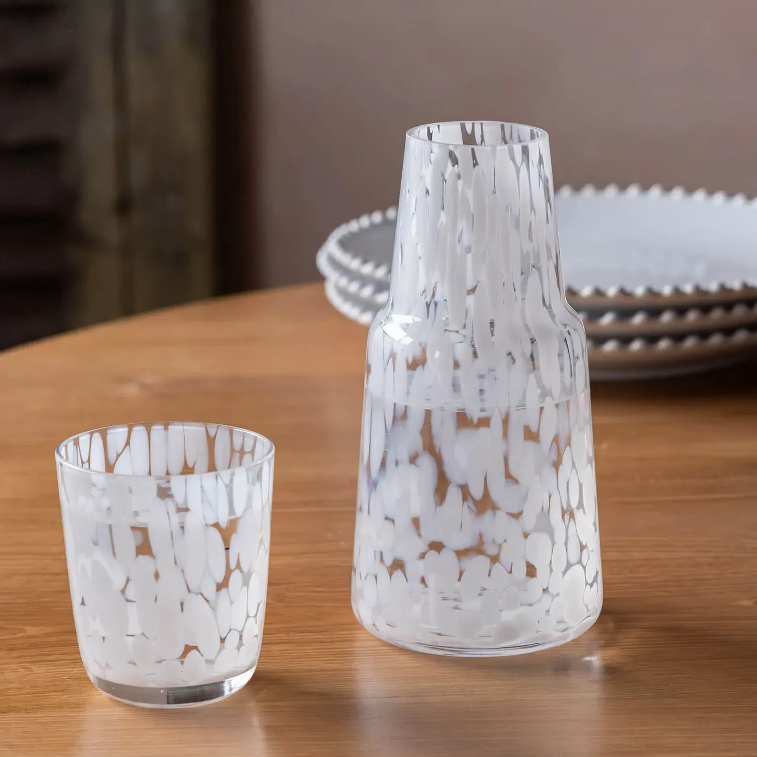White Speckle Carafe and Tumbler Set - Glass