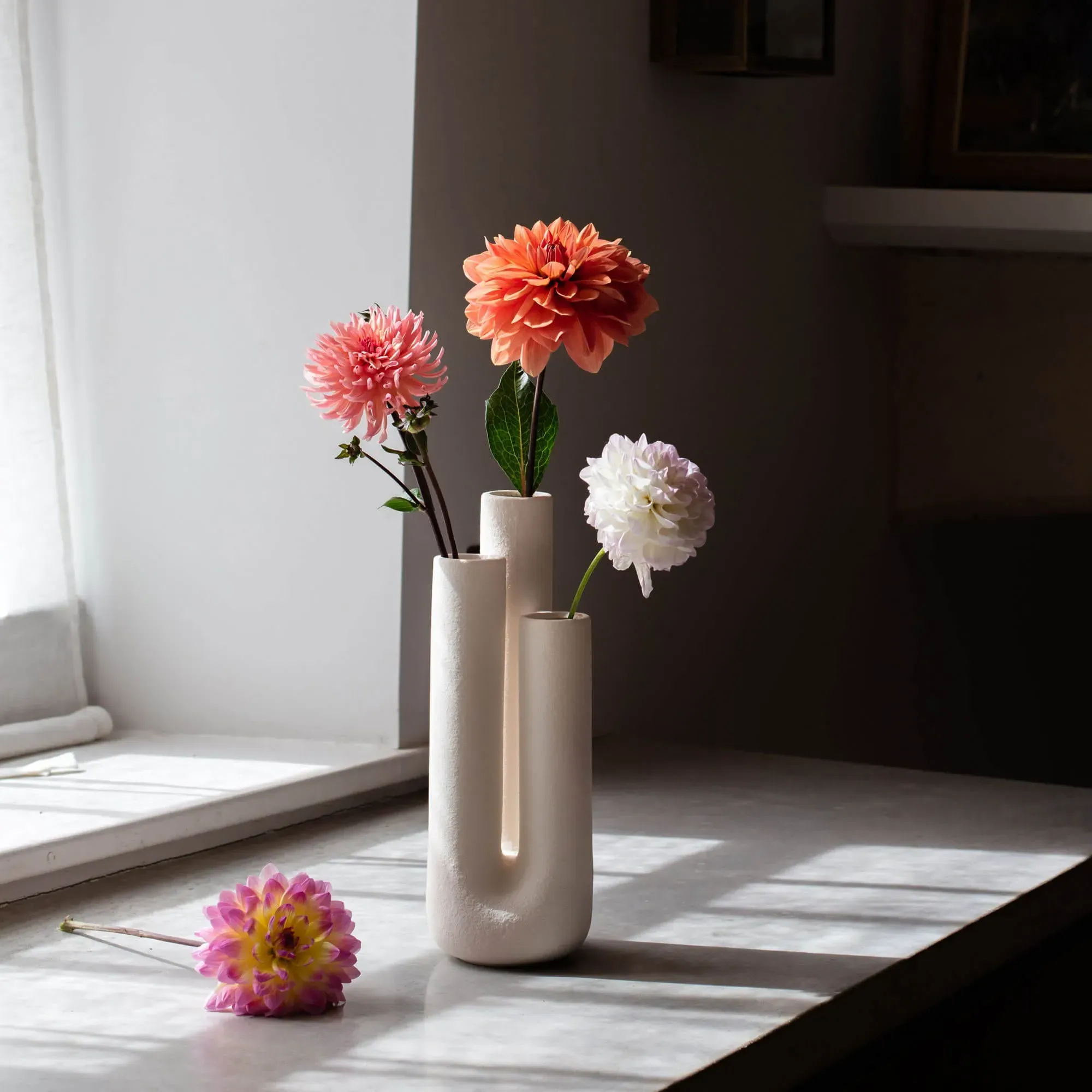 White Triple Stem Vase - White, Ceramic image