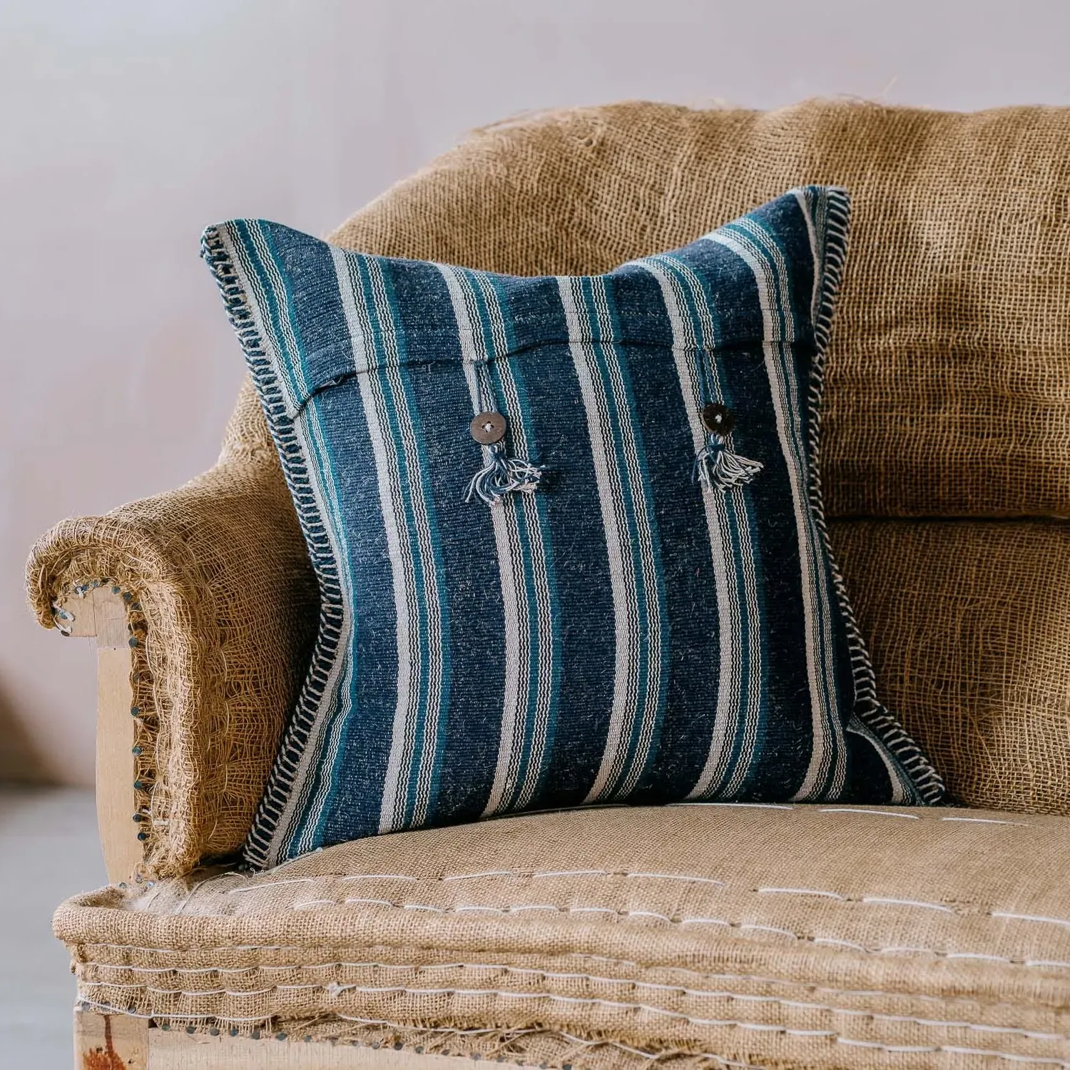 Wide Stripe Square Cushion - Blue, Cotton Blend