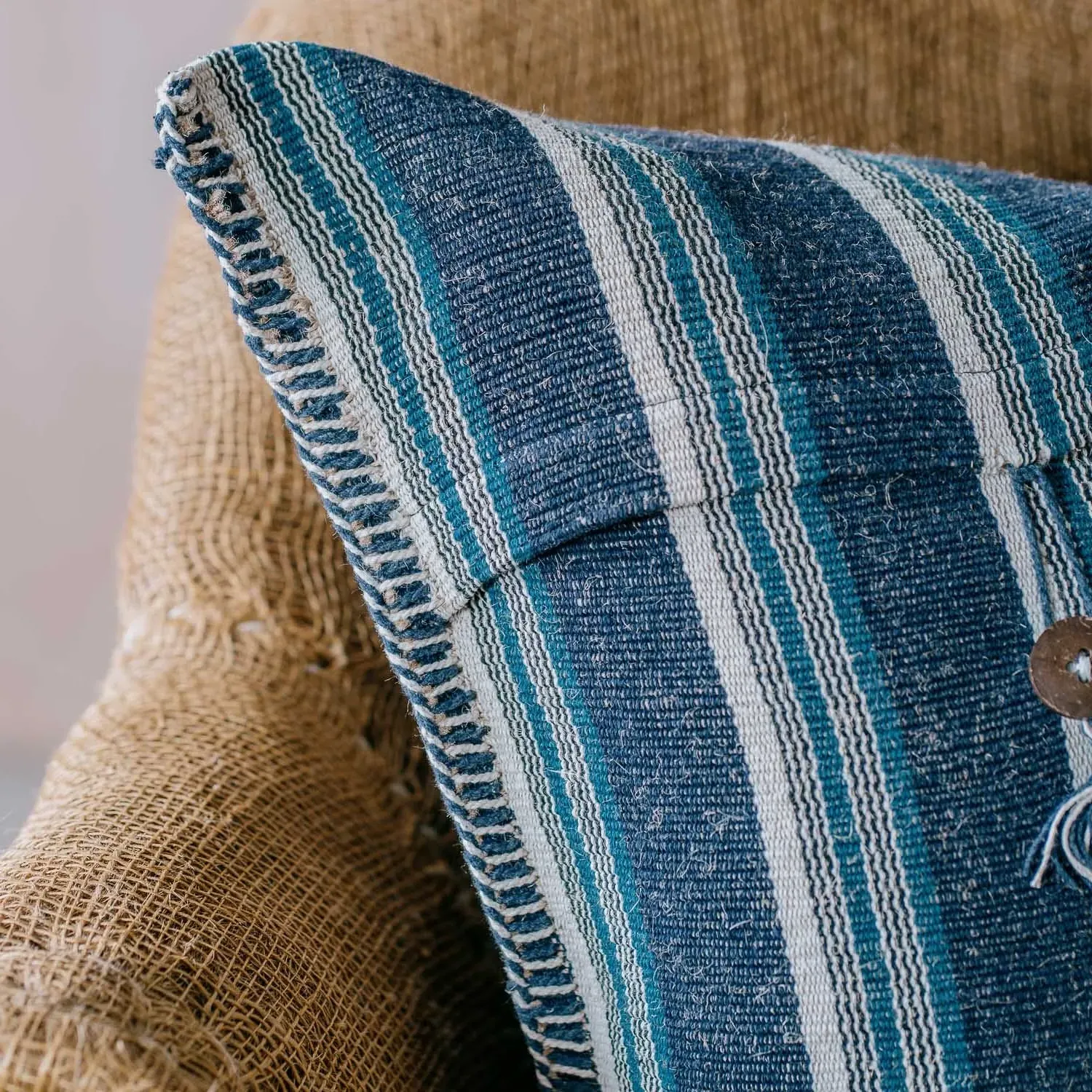 Wide Stripe Square Cushion - Blue, Cotton Blend