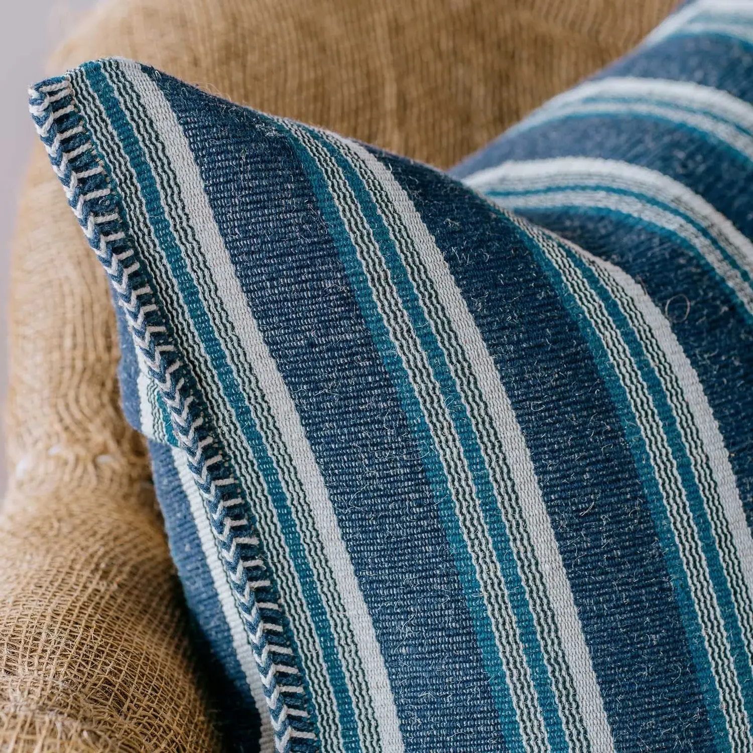 Wide Stripe Square Cushion - Blue, Cotton Blend