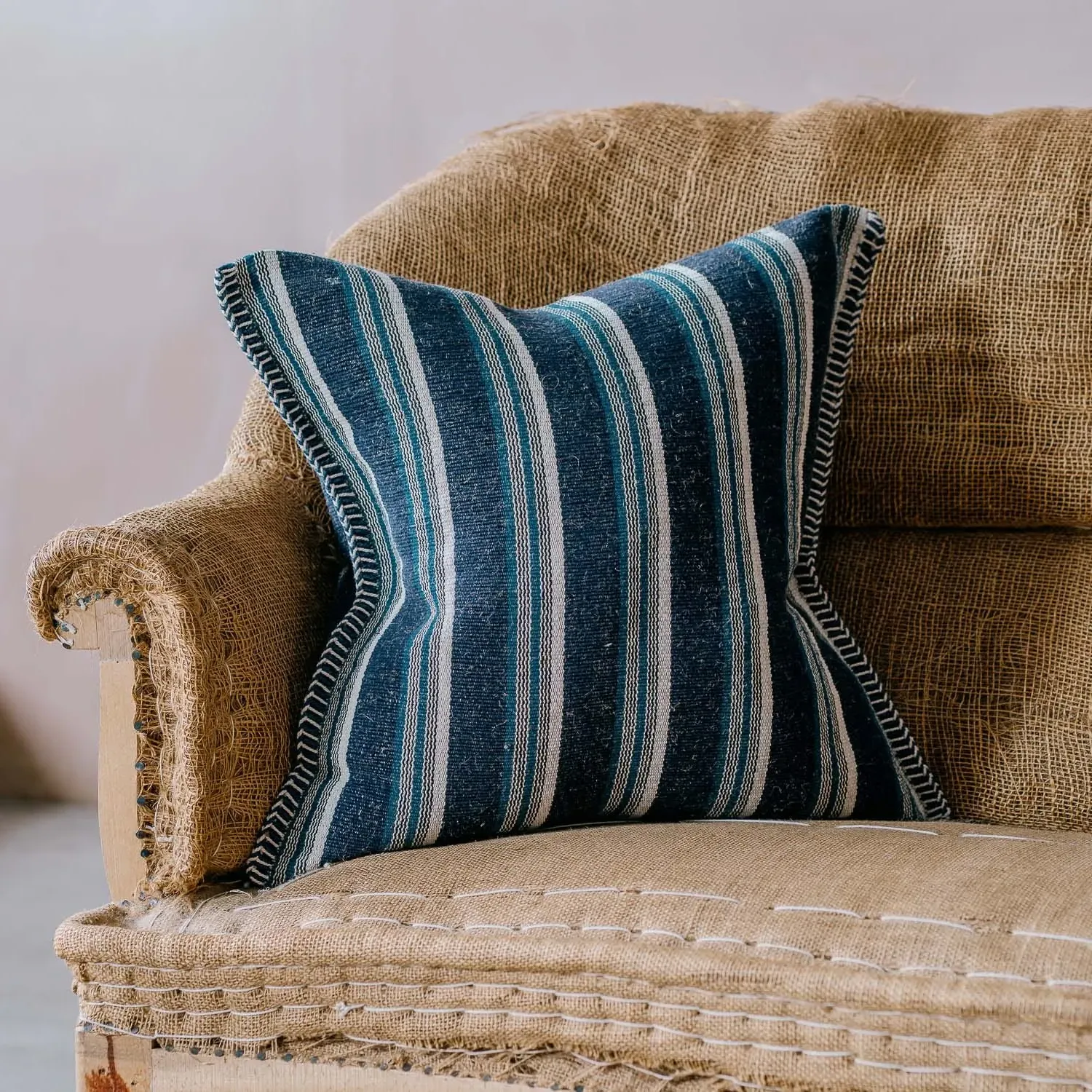 Wide Stripe Square Cushion - Blue, Cotton Blend image