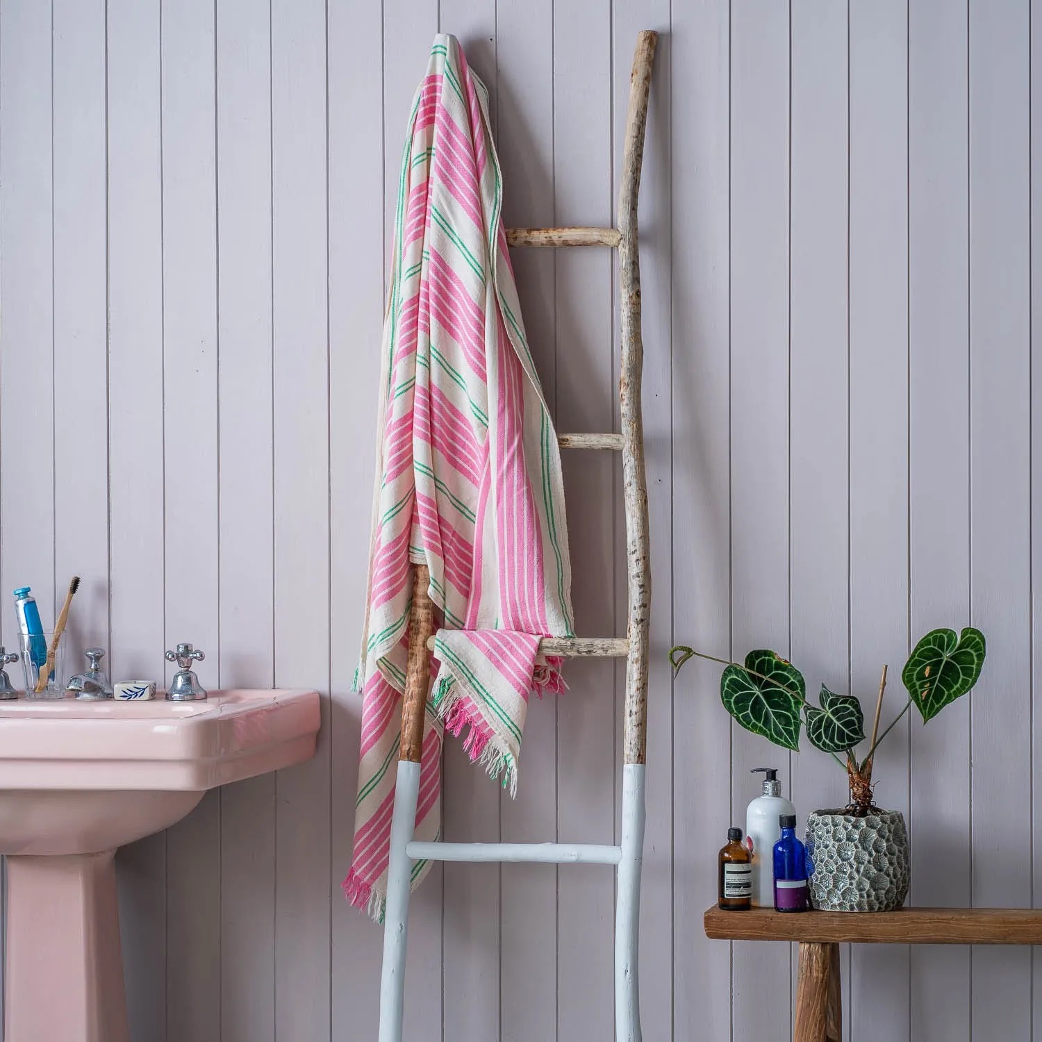 Wide Stripe Turkish Beach Towel Wrap - Pink