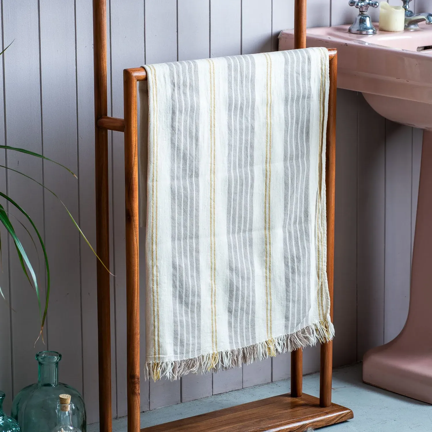 Wide Stripe Turkish Beach Towel Wrap - Stone