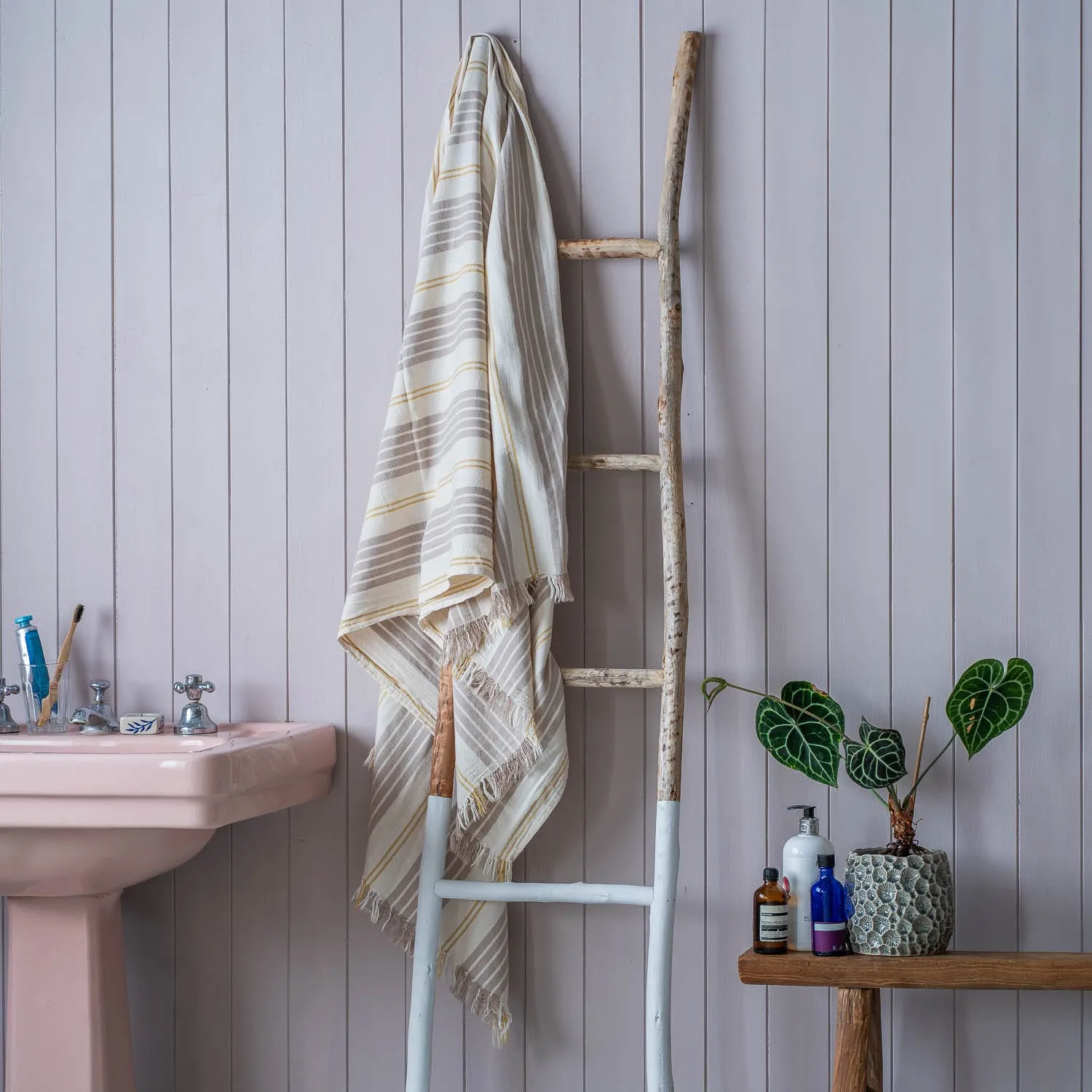 Wide Stripe Turkish Beach Towel Wrap - Stone