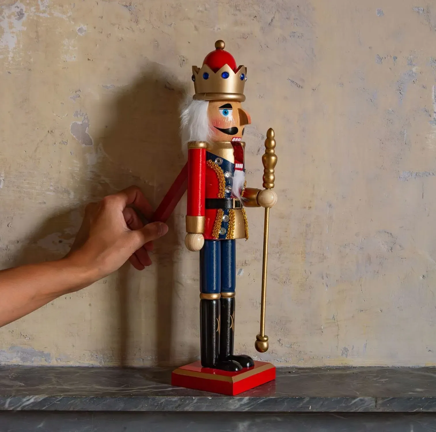 Wooden Bejeweled Nutcracker with Staff