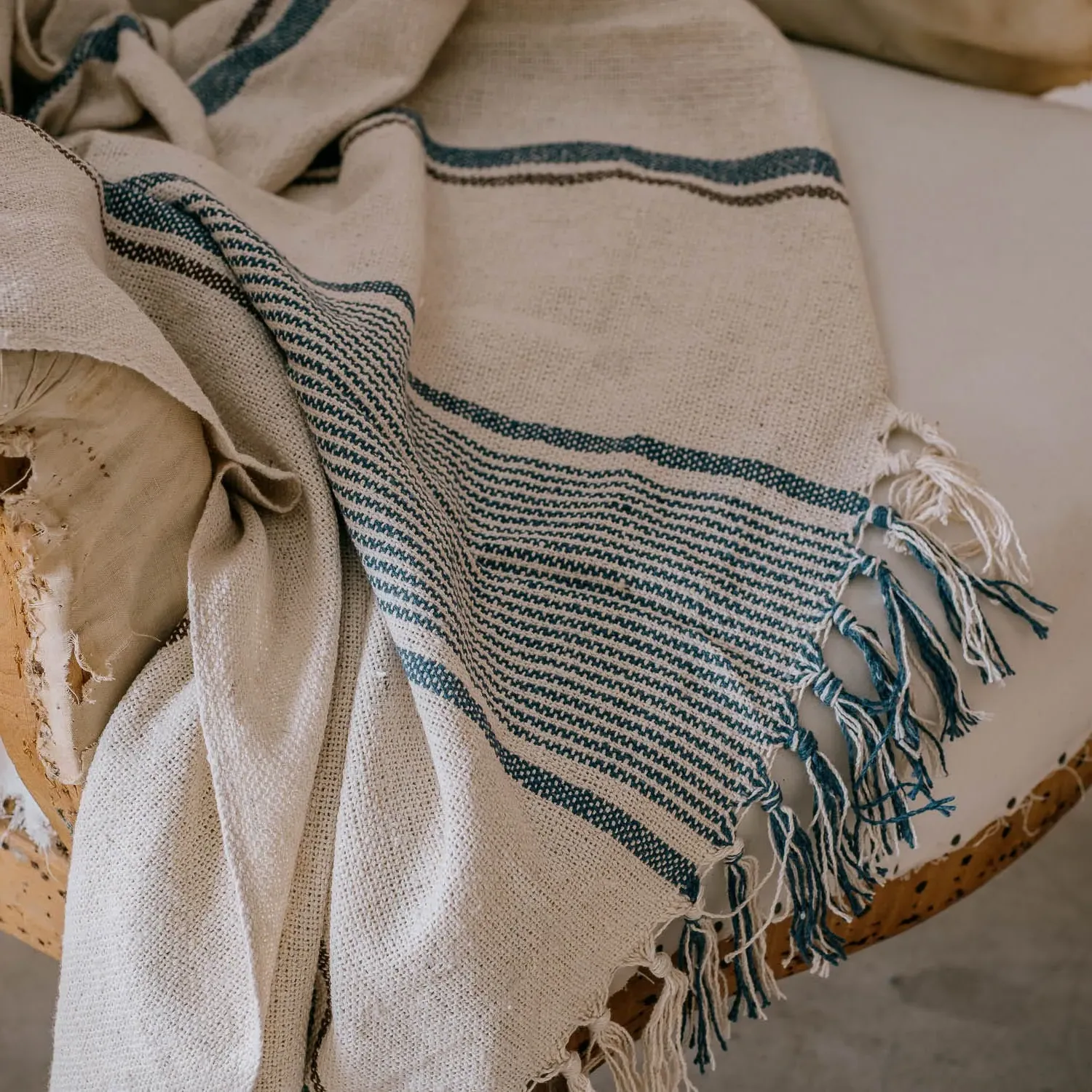 Woven Stripe Throw - Blue, Recycled Cotton