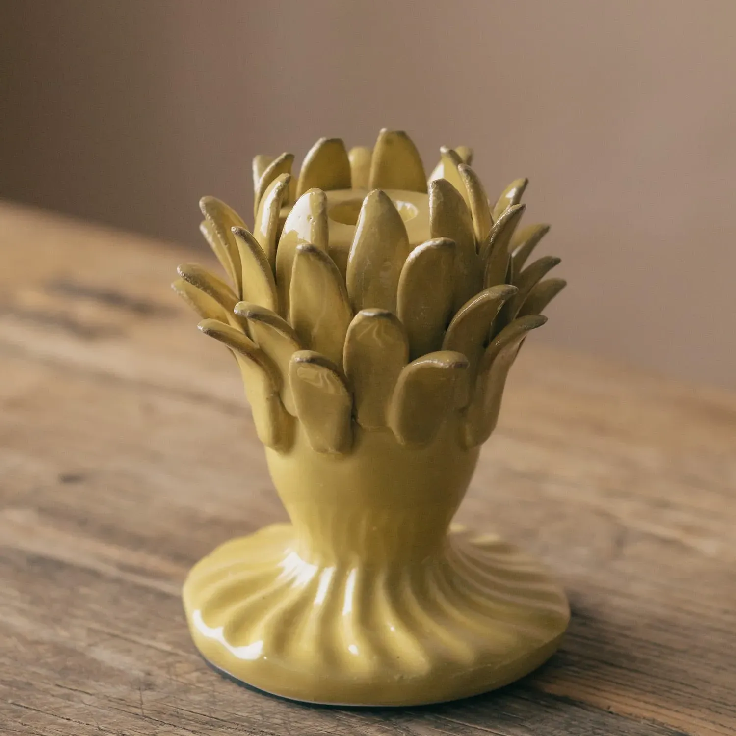 Yellow Artichoke Flower Candle Holder - Yellow, Ceramic