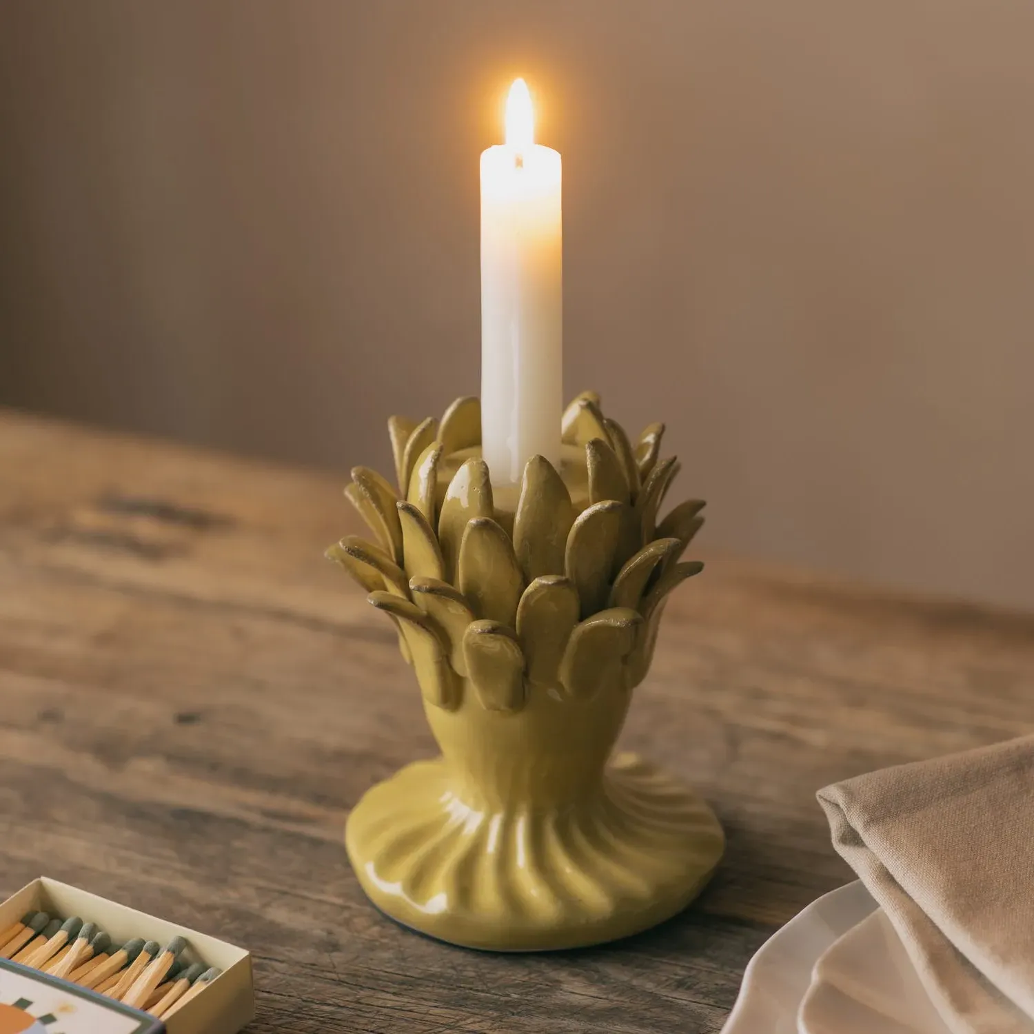 Yellow Artichoke Flower Candle Holder - Yellow, Ceramic