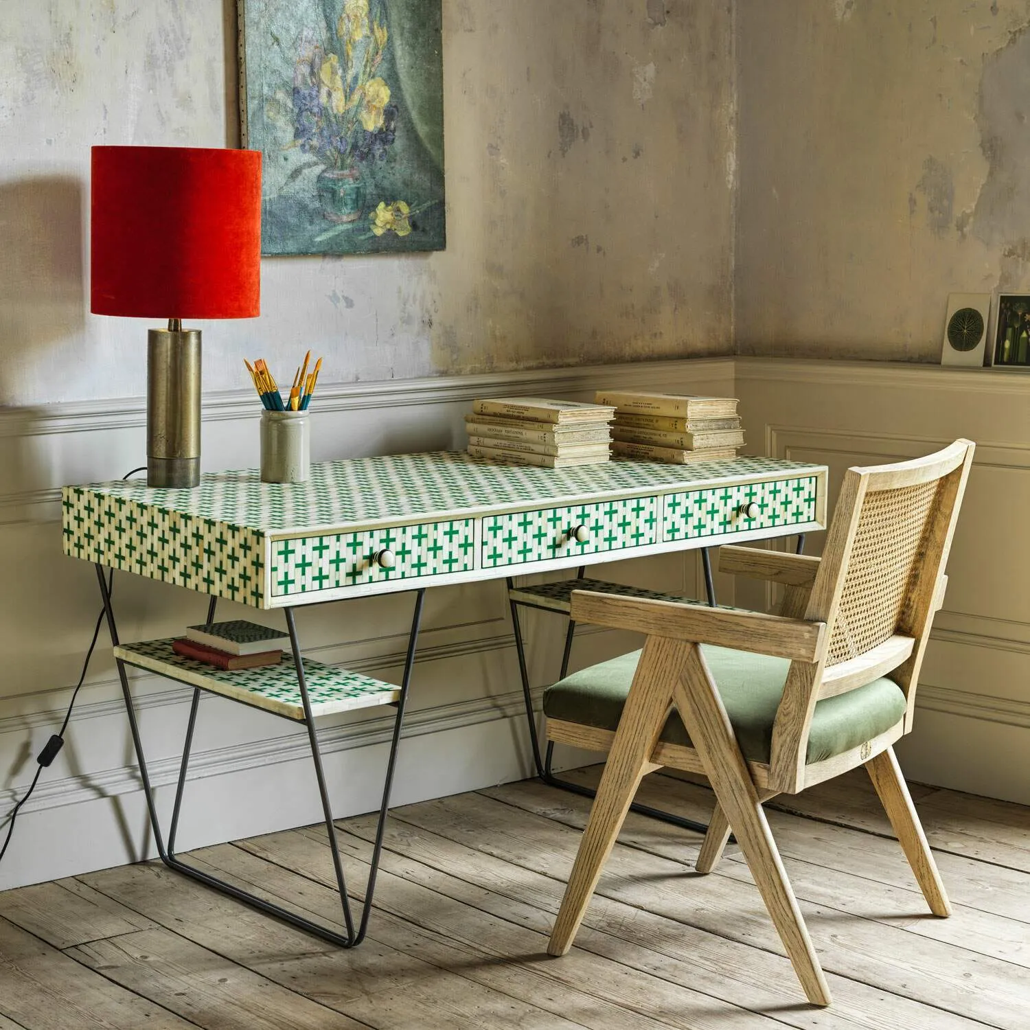 Zarina Handmade Bone Inlay Desk - Jade Green, Mango Wood image