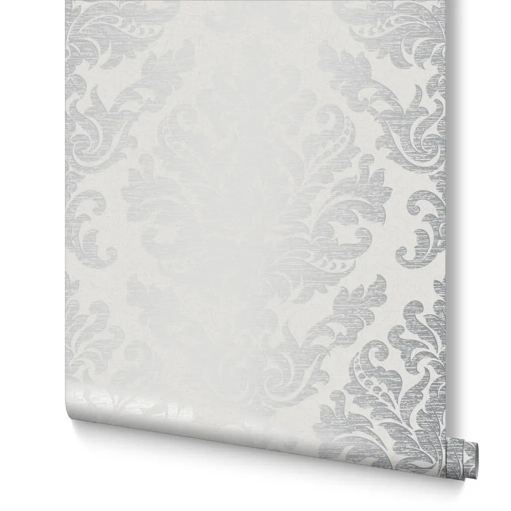 Antique Gris Damask Wallpaper - Silver