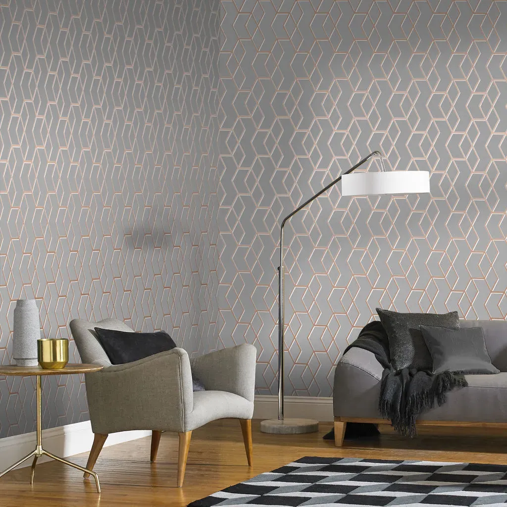 Archetype Geometric Wallpaper - Grey, Rose Gold