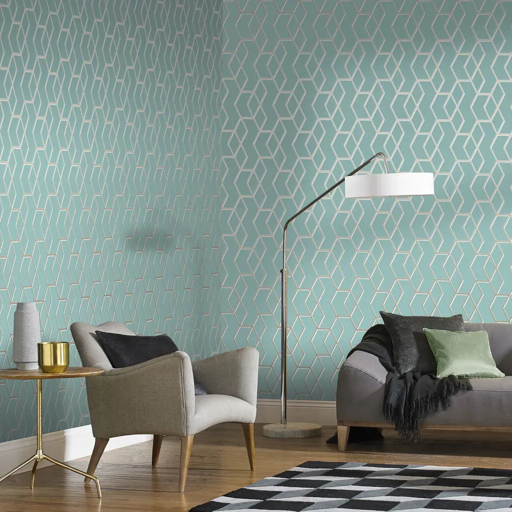 Archetype Geometric Wallpaper - Mint, White Gold