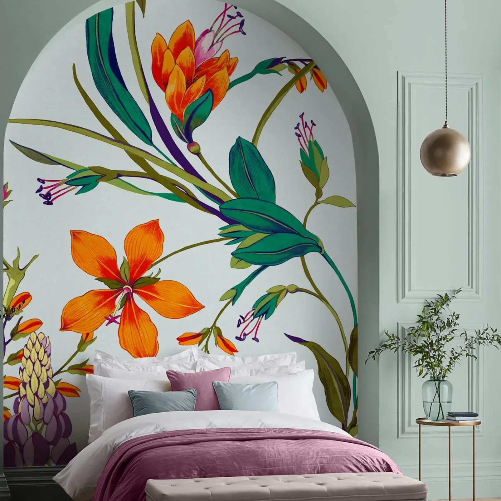 Botanists Scroll Duck Egg Wall Mural - Blue