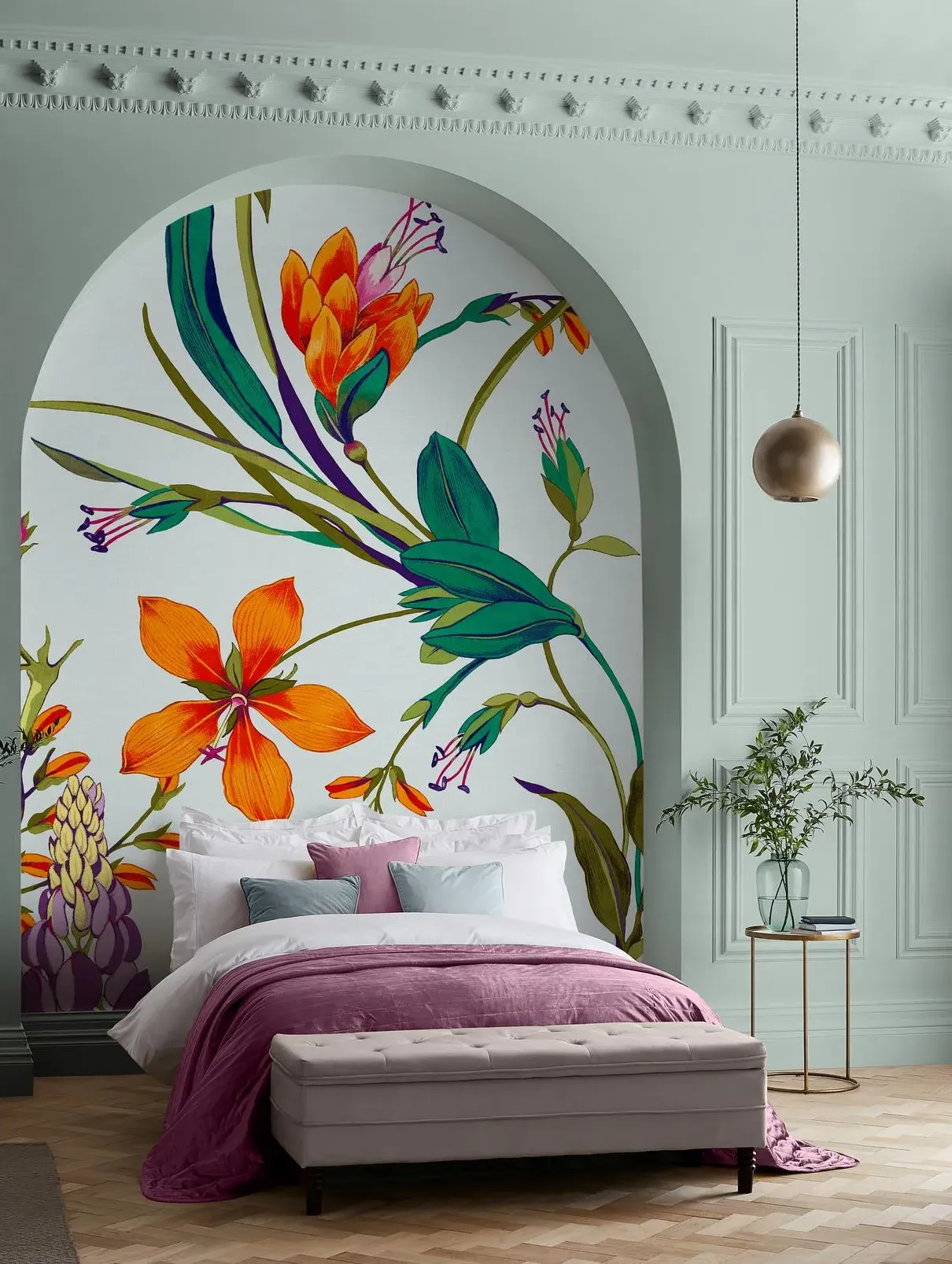 Botanists Scroll Duck Egg Wall Mural - Blue image