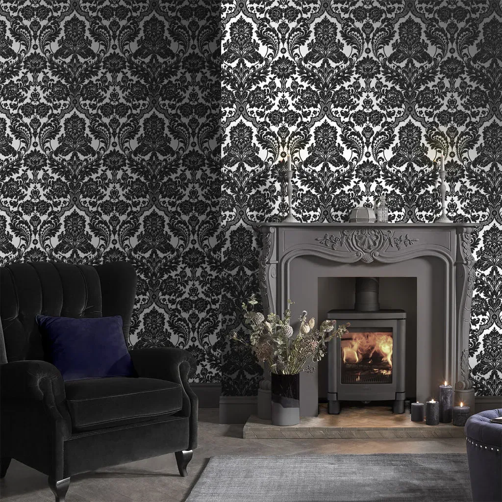 Gothic Damask Flock Wallpaper - Black, Silver