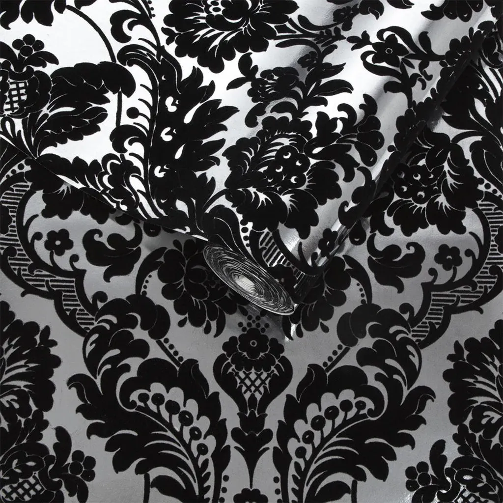 Gothic Damask Flock Wallpaper - Black, Silver