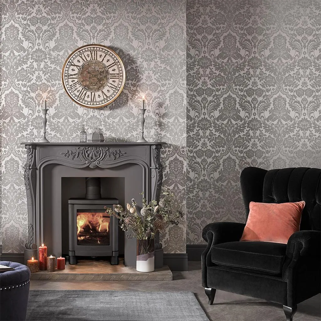 Gothic Damask Flock Wallpaper - Grey, Silver
