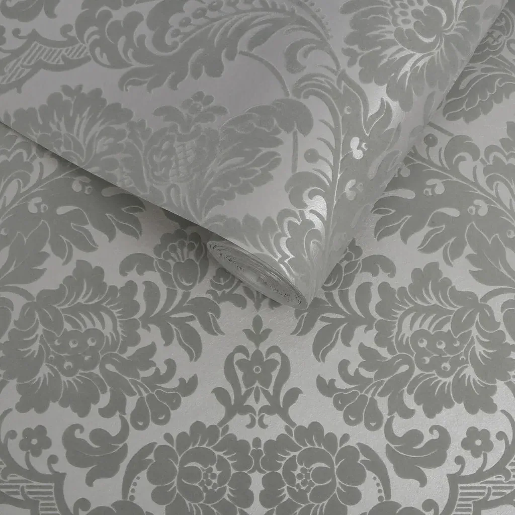Gothic Damask Flock Wallpaper - Grey, Silver