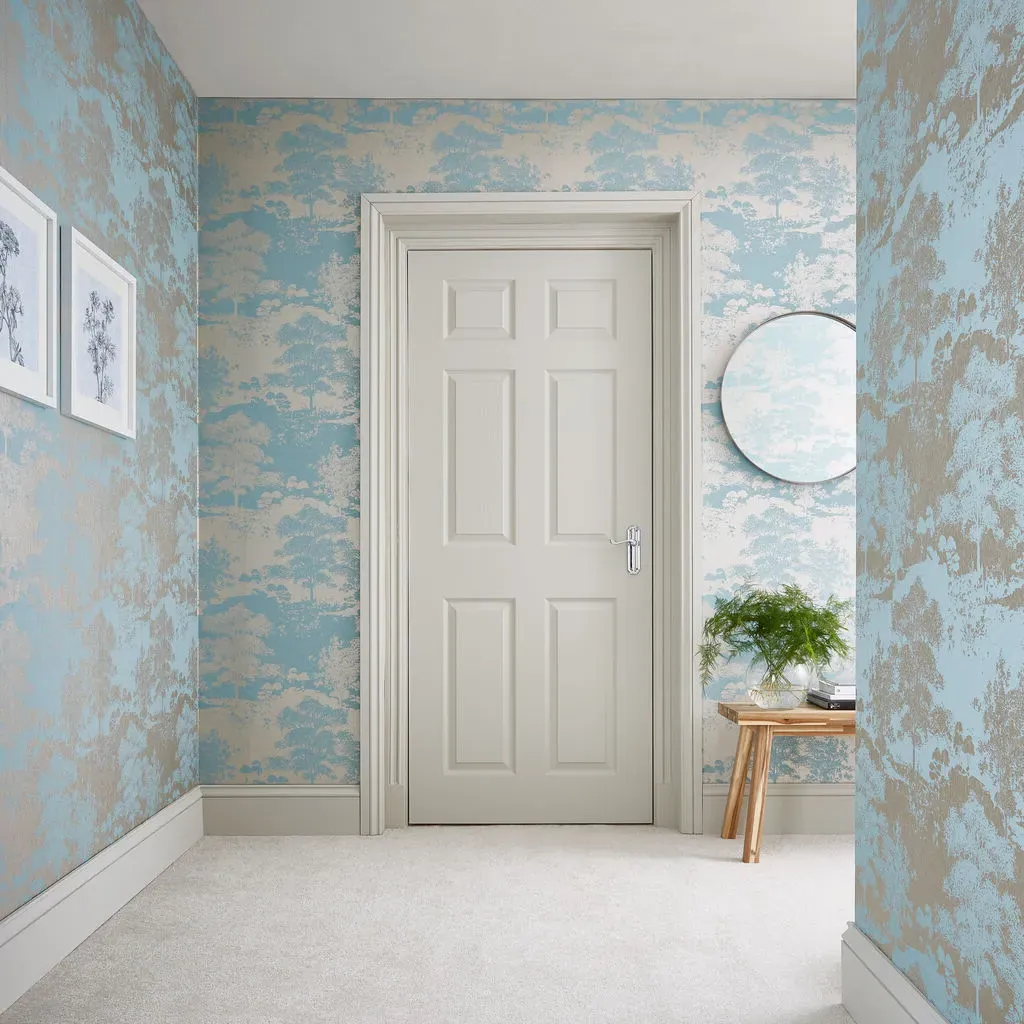 Meadow Dusk Leaves Wallpaper - Blue, Gold