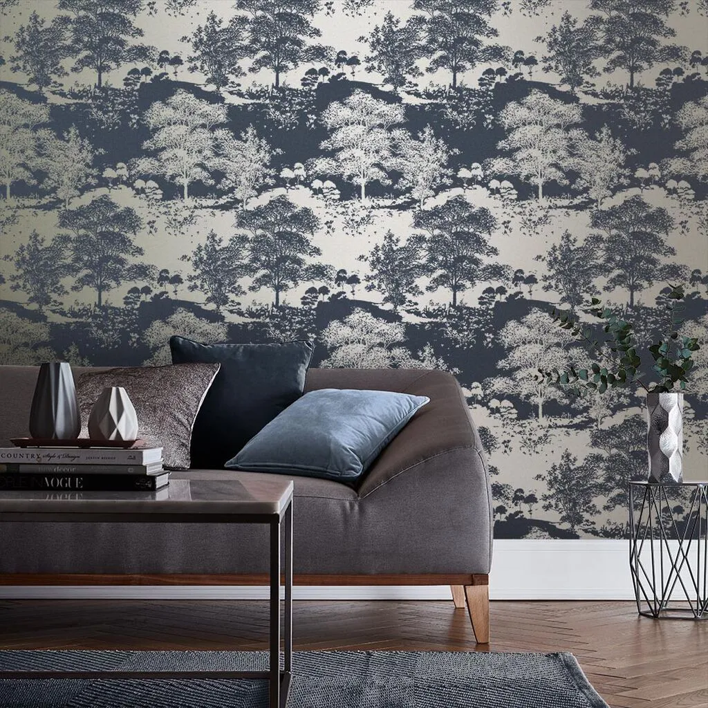 Meadow Notte Leaves Wallpaper - Blue, Gold