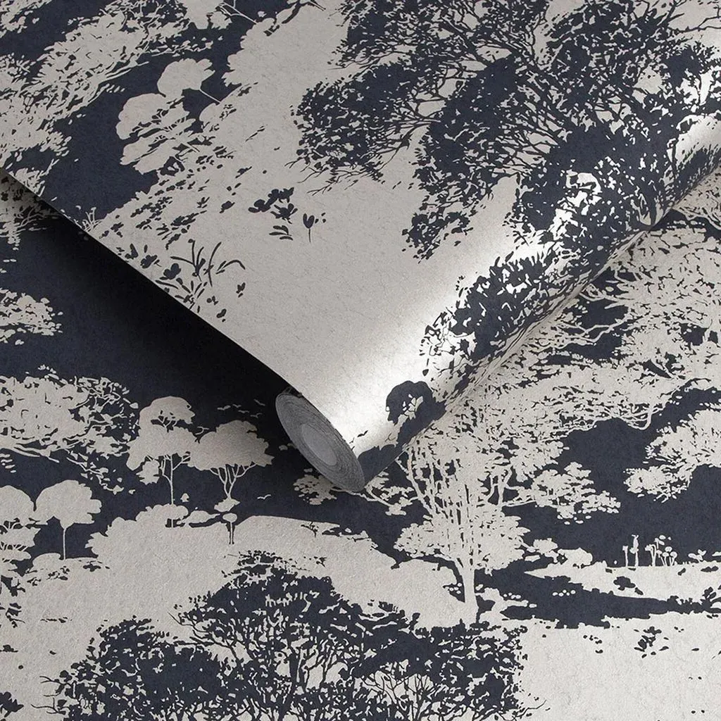 Meadow Notte Leaves Wallpaper - Blue, Gold