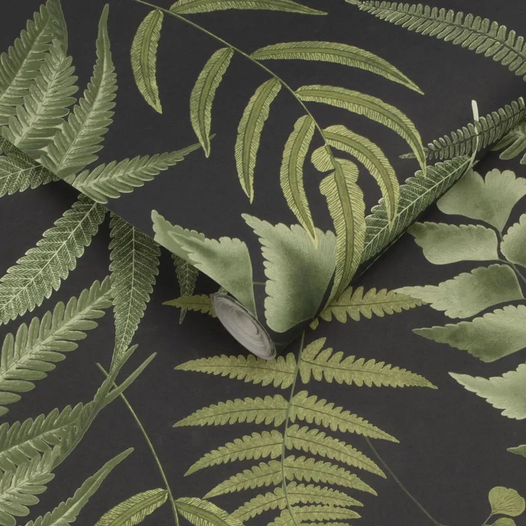 Midsummer Fern Black Leaves Wallpaper - Black, Green