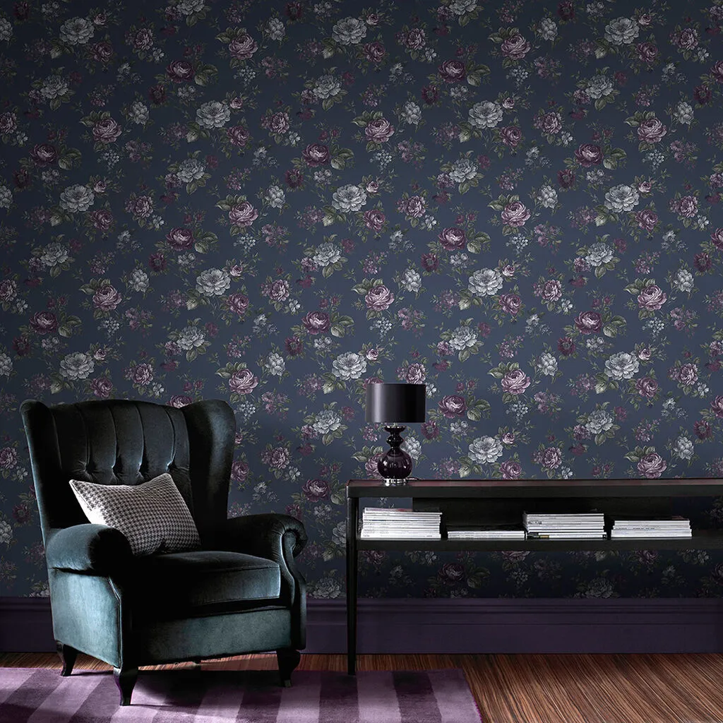 Muse French Navy Floral Wallpaper - Navy