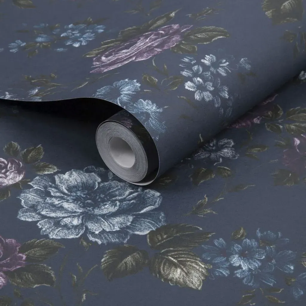 Muse French Navy Floral Wallpaper - Navy