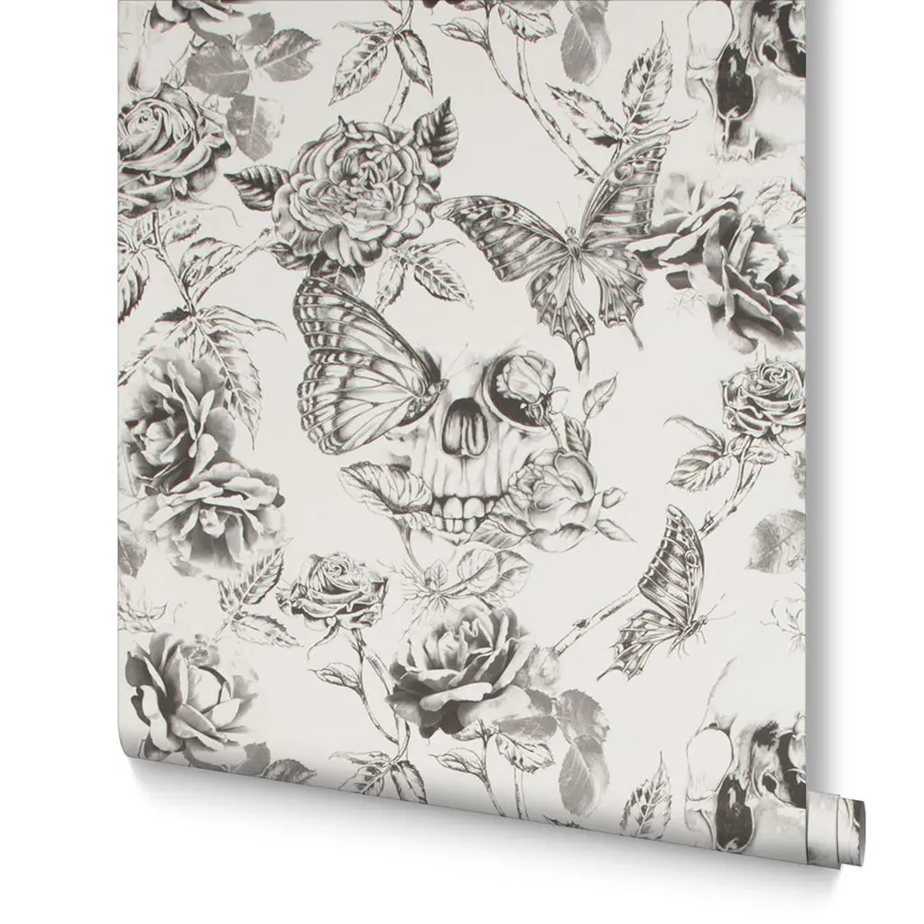 Skull Roses Wallpaper - Black