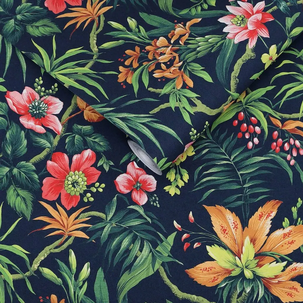 Tesronto Navy Floral Wallpaper - Navy