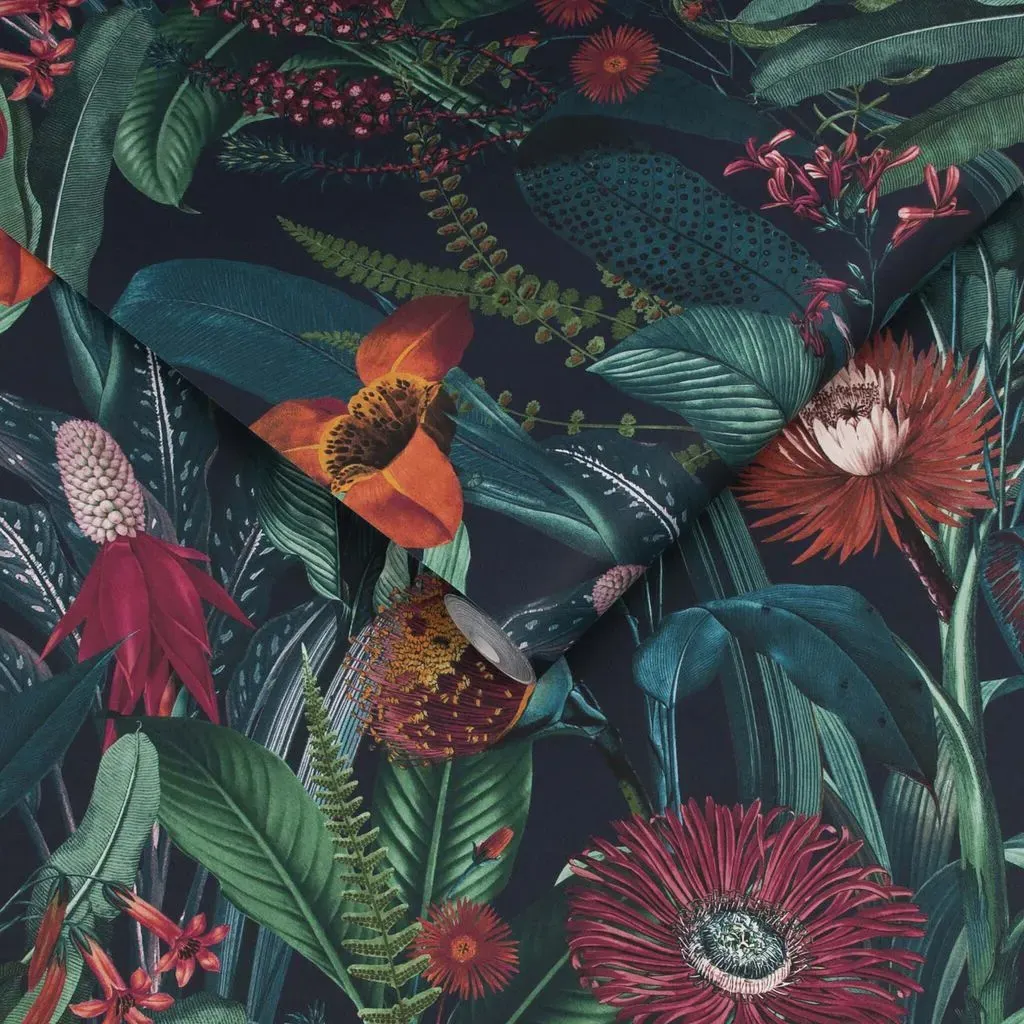 Tigerlily Midnight Floral Wallpaper - Blue