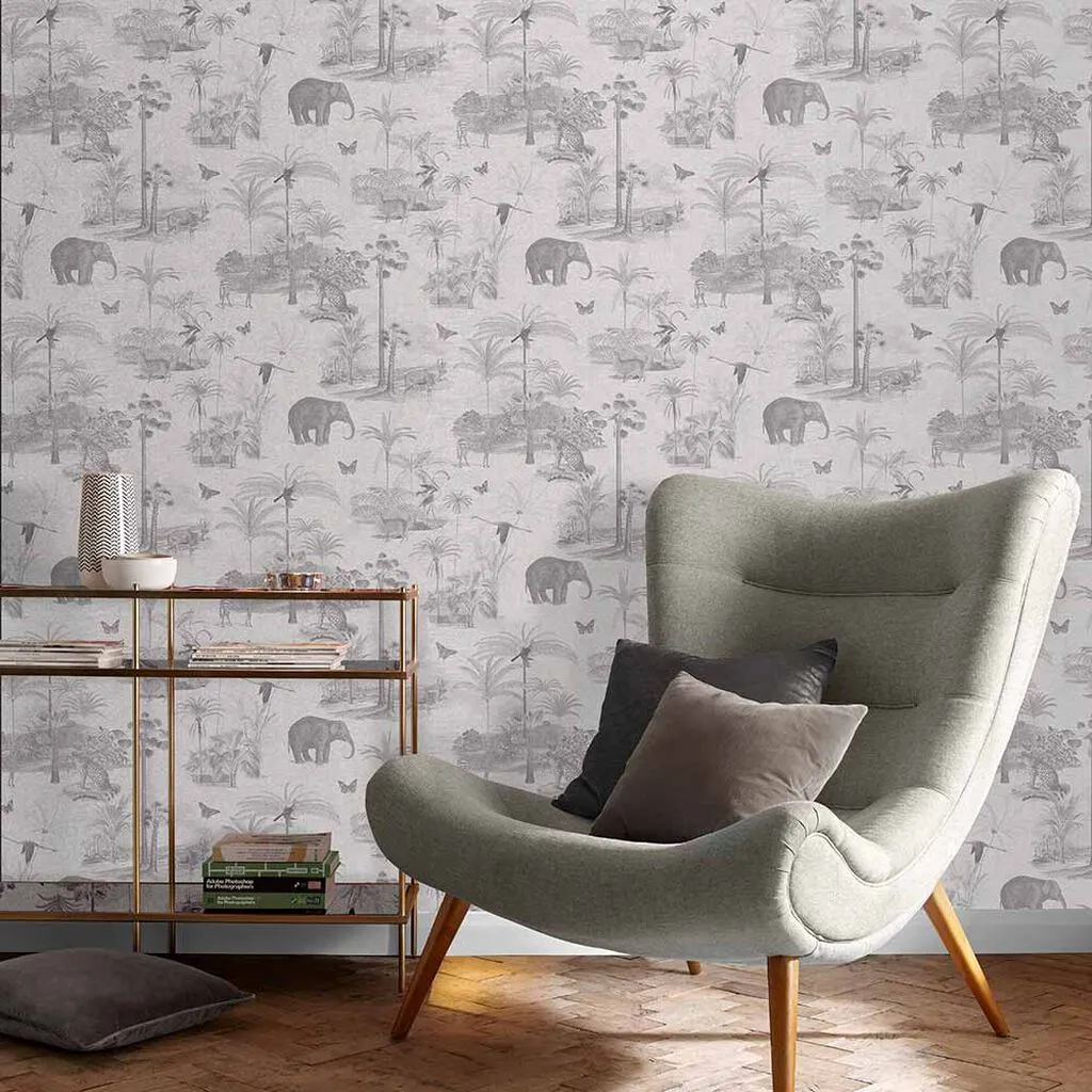 Tropique Zoo Canvas Wallpaper - Grey