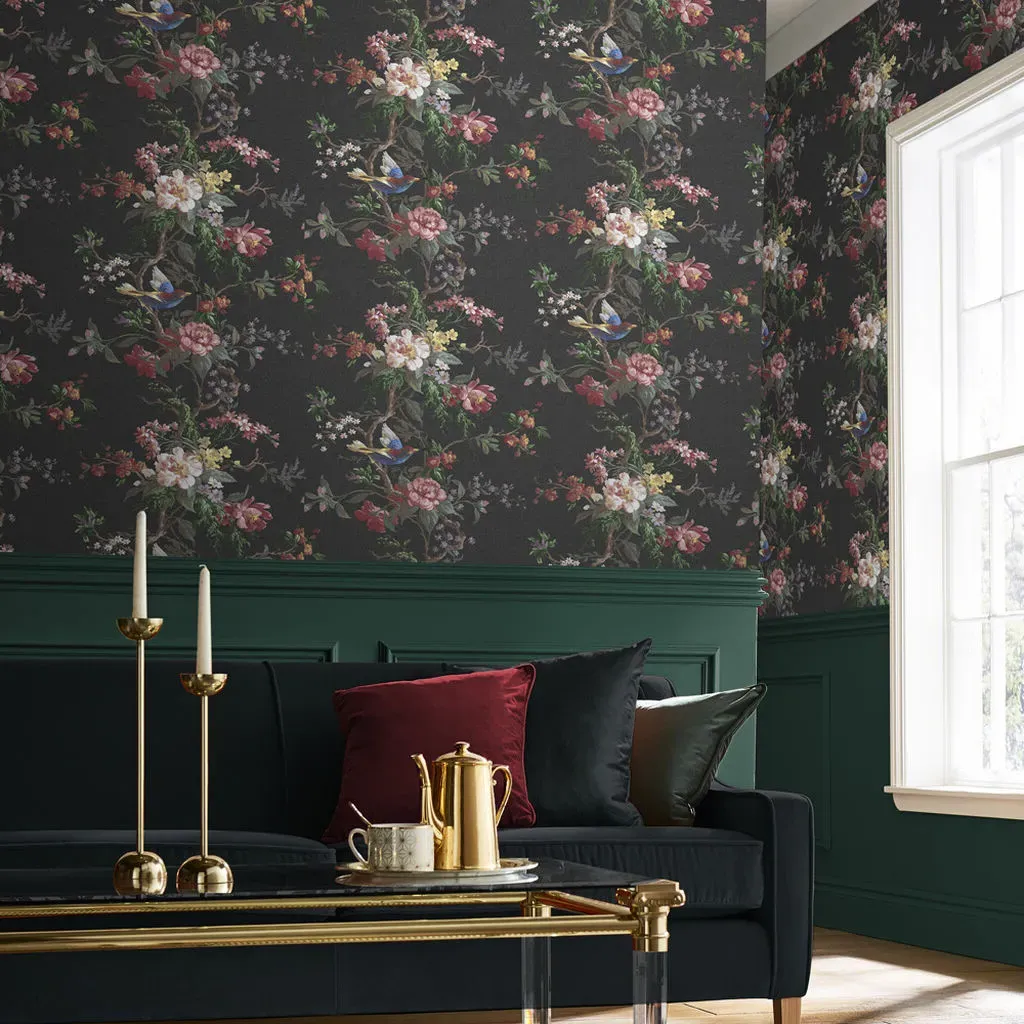 Venetian Noir Floral Wallpaper - Black