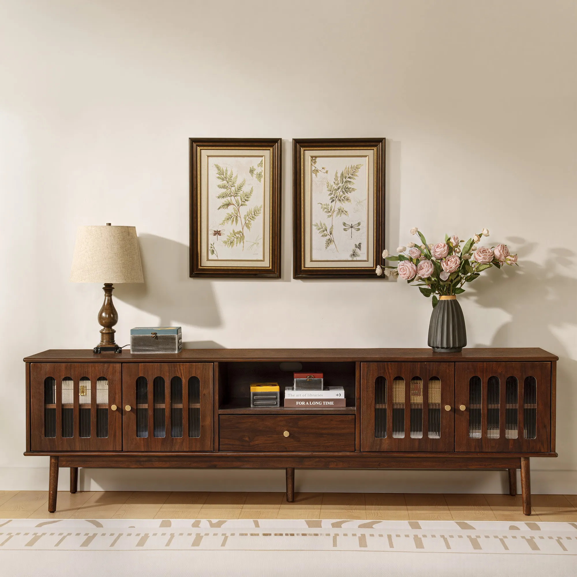 Aldric 84 Inch TV Stand with Glass Doors - Walnut product