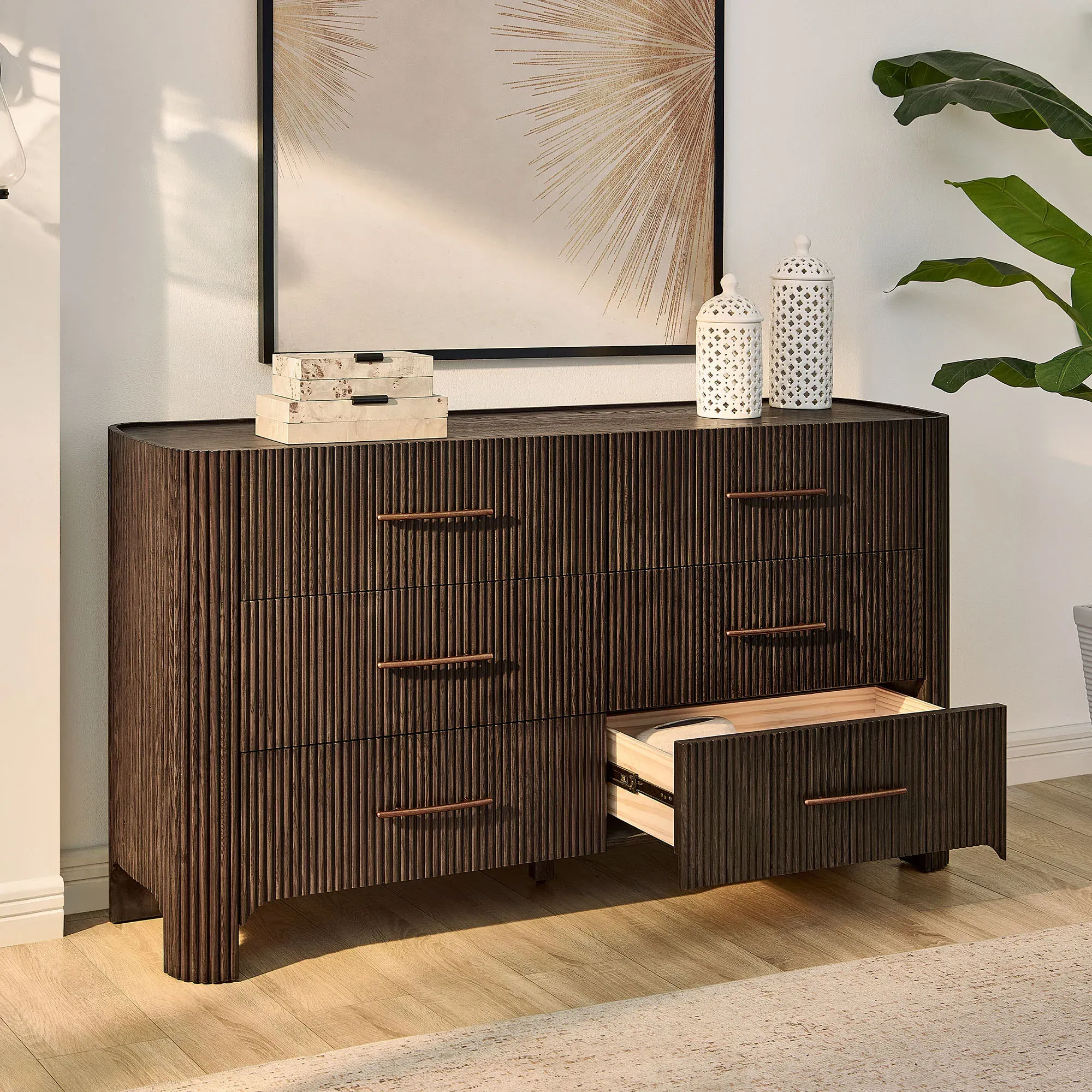 Alexa 6-Drawer Dresser Fluted - Dark Brown, Oak product