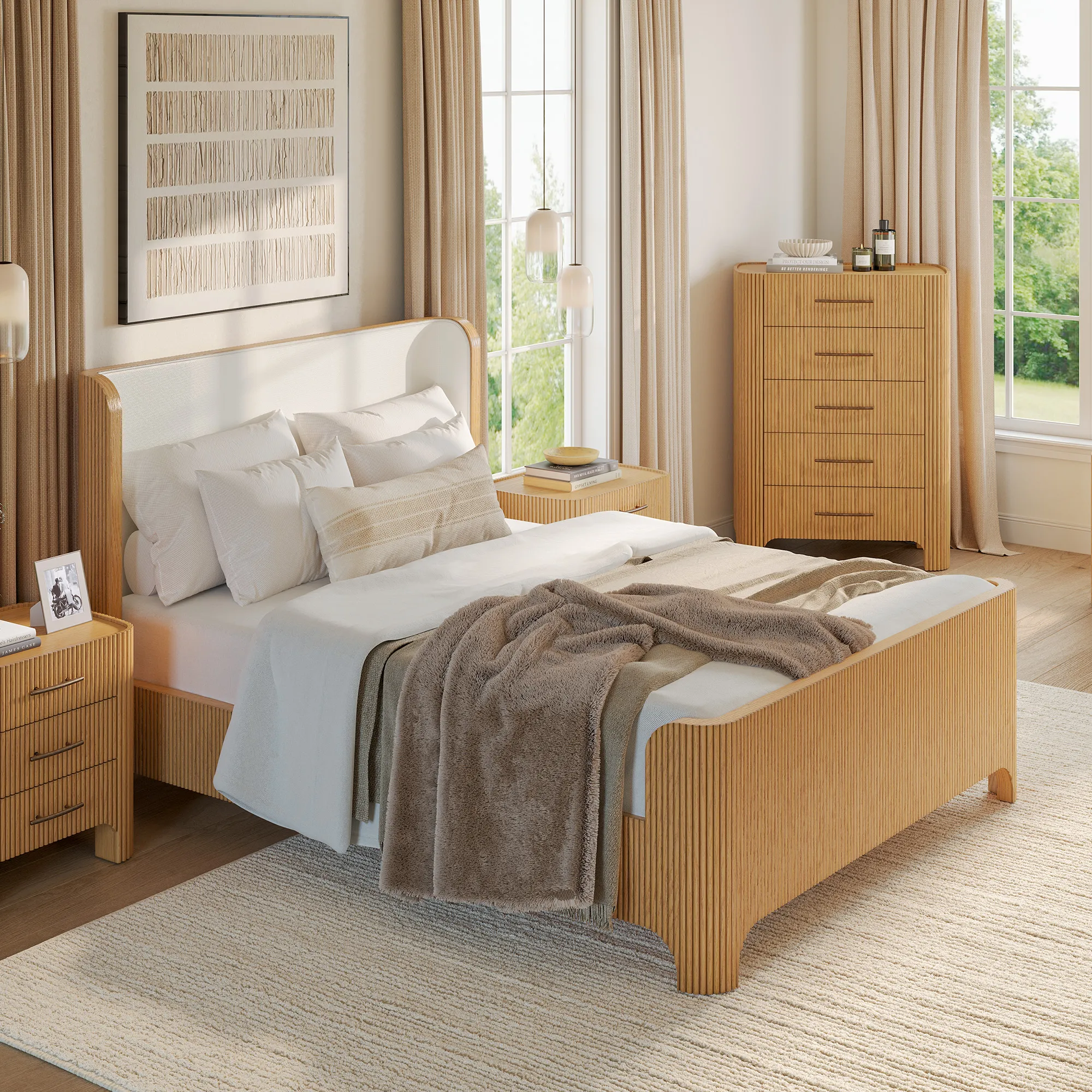 Alexa Queen Size Bed with Upholstered Headboard - Natural Oak product