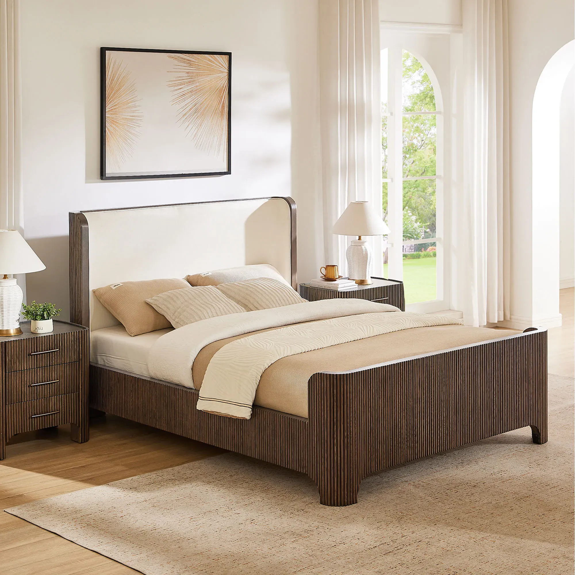 Alexa Queen Size Fluted Bed with Upholstered Headboard - Dark Brown, Oak product