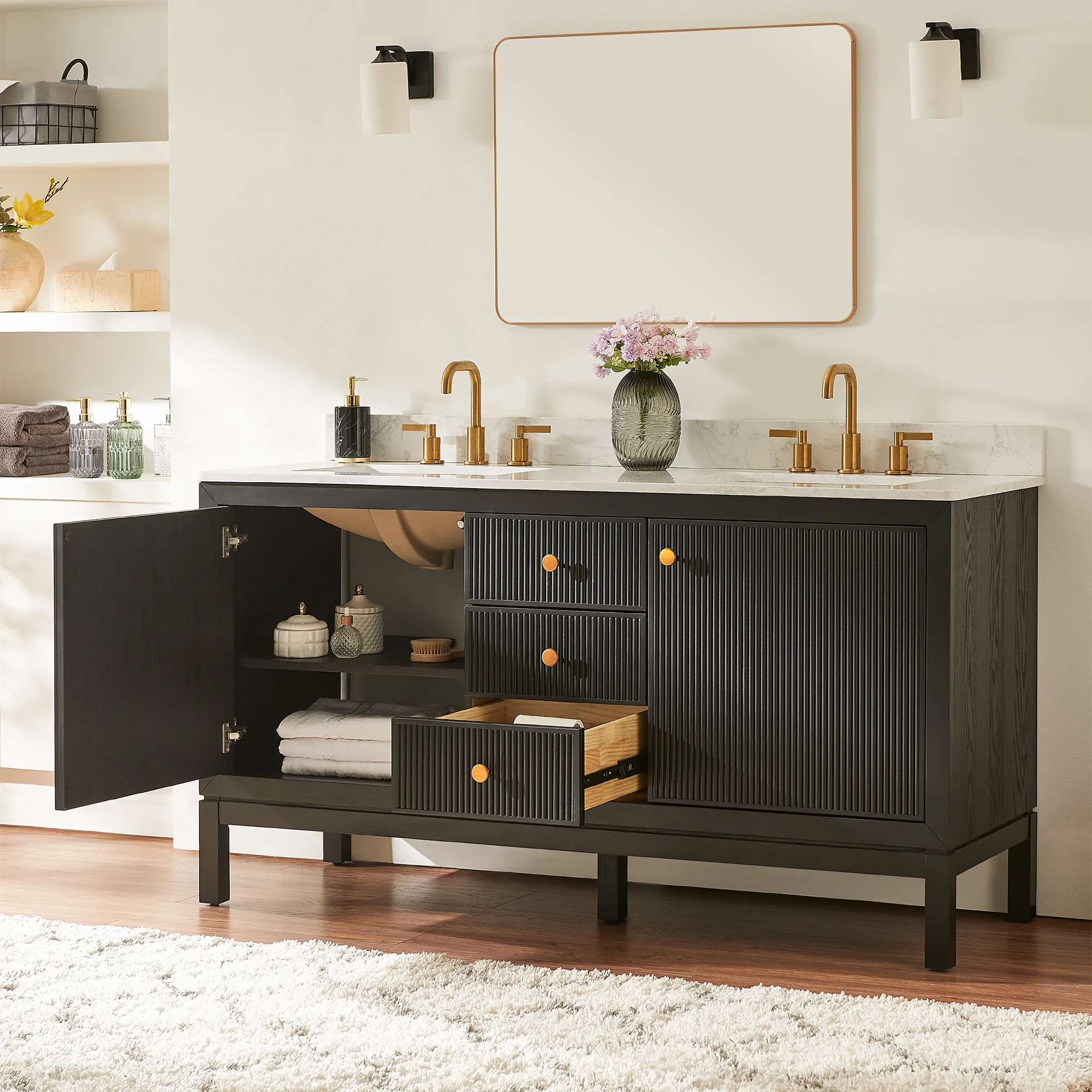 Alva 63" Double Bathroom Vanity with Storage - Black, Solid Wood product