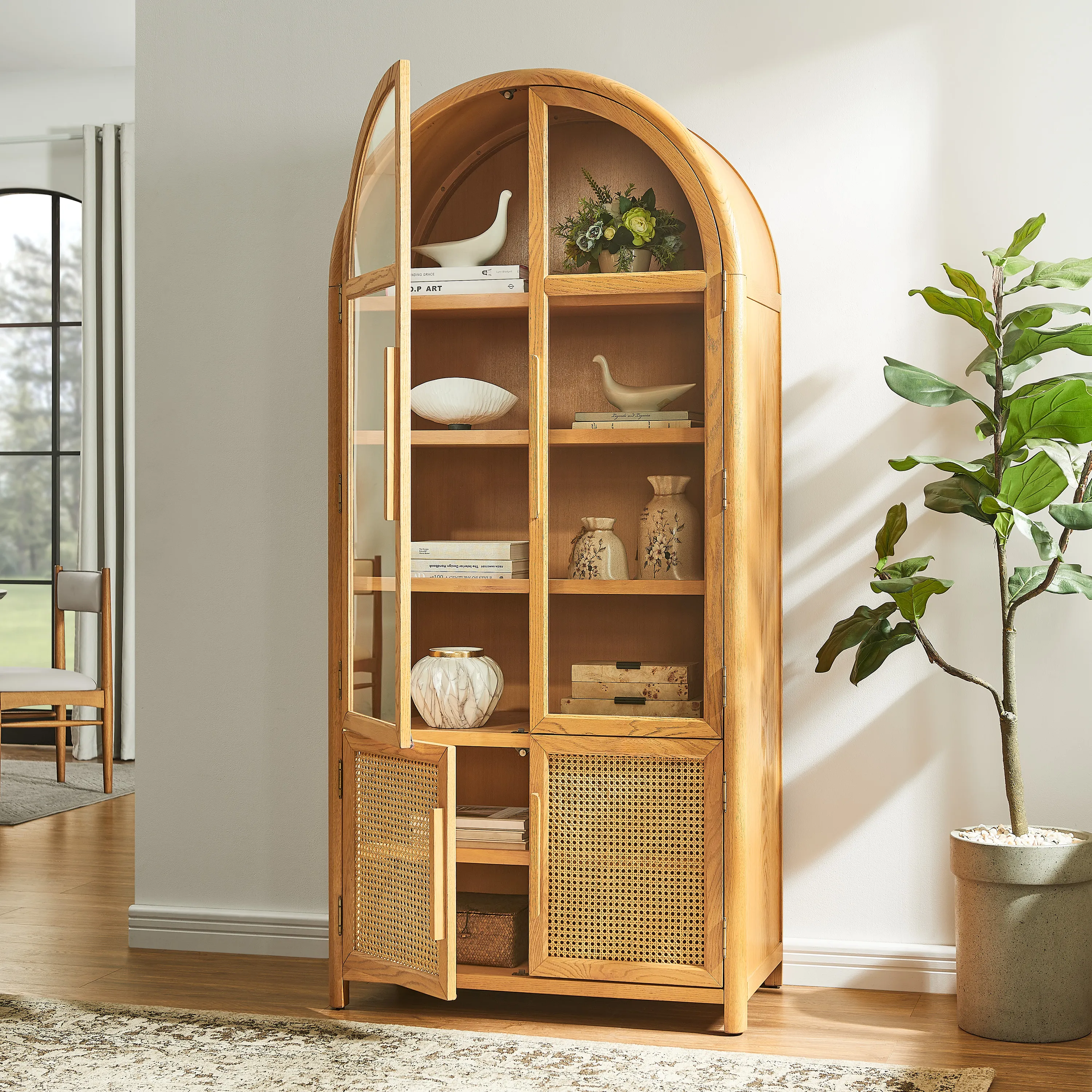 Alvborg Arched Display Cabinet with Rattan Doors - Natural, Oak product