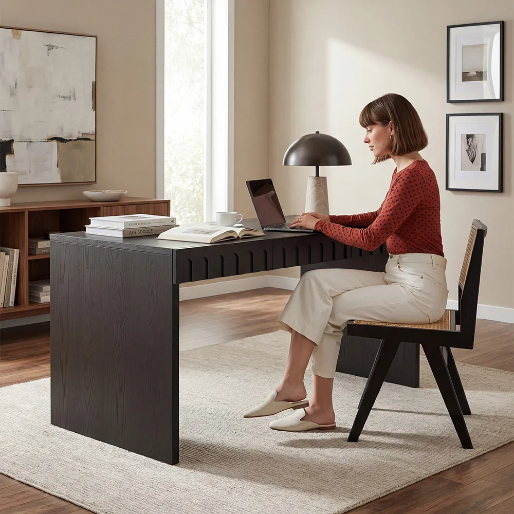 Arched Home Office Desk with 3 Drawers - Black, Solid Wood product