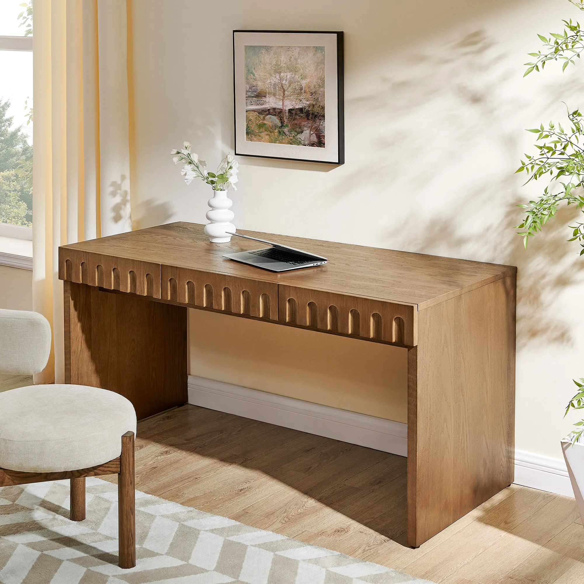 Arched Home Office Desk with 3 Drawers - Brown, Oak product