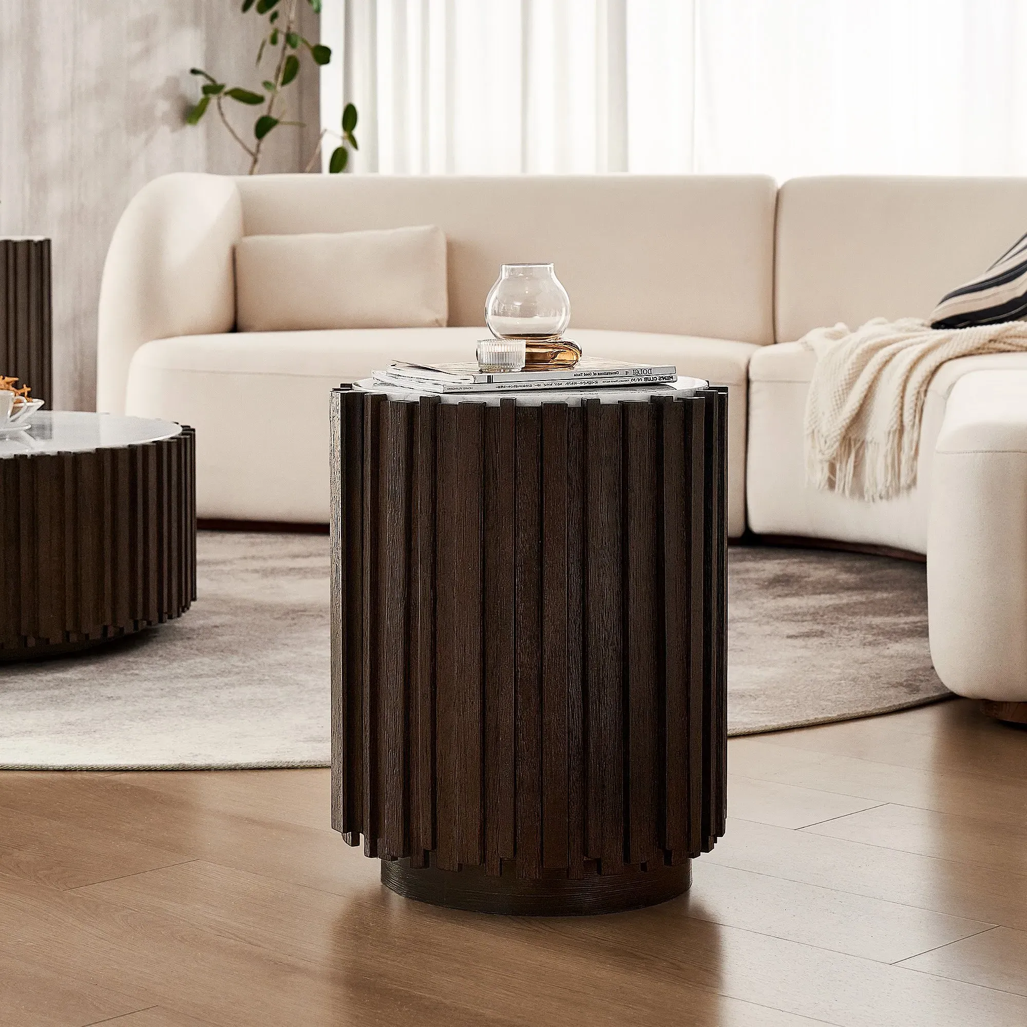 Armonia Round Side Table with Hidden Storage - White, Carrara Marble product